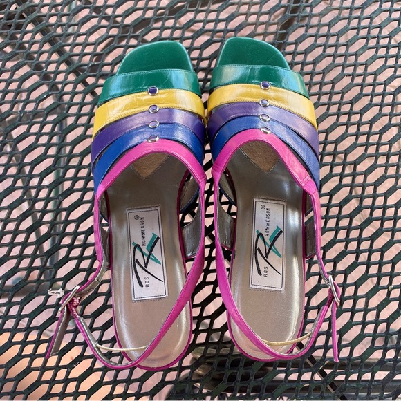 Ros Hommerson | Vintage 80s 90s Narrow Multi-Color Buckle Sandals Metal Details - Picture 2 of 9